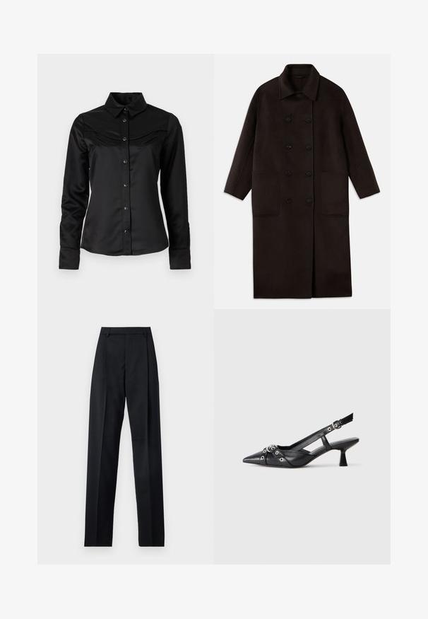 T tumedast pruunist villast pikk sulejope, millel on kahekordsed nööbid, lai krae, pikad varrukad ja kaks suurt esikot.; Mustmust särgil on nupuga eesmine osa, terav krae ja lääne stiilis õmblus koos kahe rinna taskuga. Pikad varrukad ja mansetid.; Mustad püksid siledast kangast, millel on kõrge vöökoht, laiad jalad, esimesed kortsud ja klassikalised vööloopid. Küljepockets pole nähtavad.; Must must have must toote tõmblukuga, dekoratiivsed rihmad metallist silmadega ja madal blokk-kand. Tekstureeritud pind.