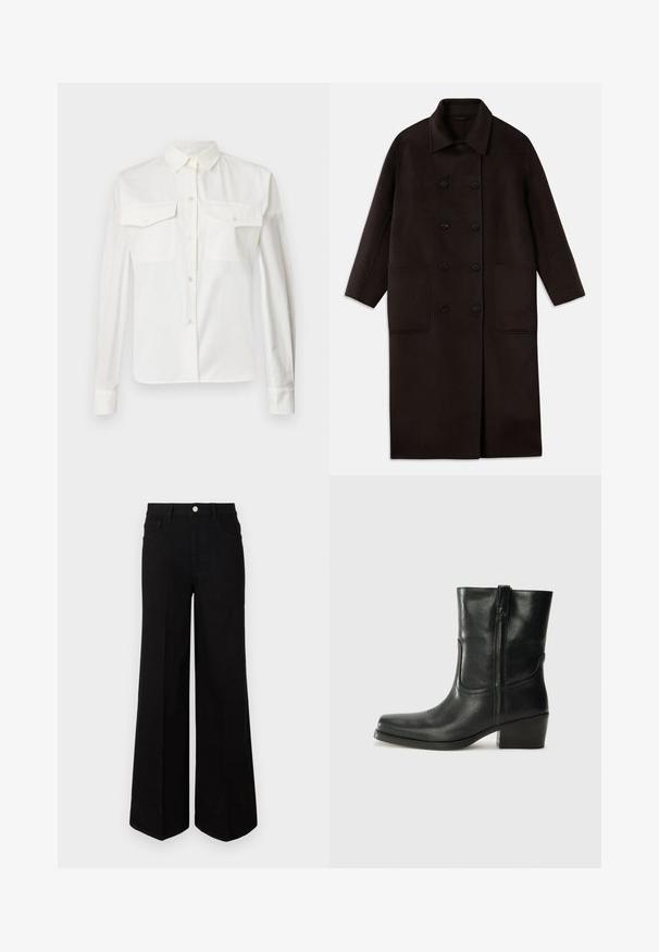 Tumši brūns, garš vilnas mētelis ar dubultām pogām, plašu apkakli, garām piedurknēm un divām lielām priekšējām kabatām.; Baltas kokvilnas krekls ar garām piedurknēm, ar norādītu apkakli, divām priekšējām kabatām un pogu aizdari. Iezīmējas ar gludu tekstūru un pielāgotu piegriezumu.; Melna plaša kāju džinsi, izgatavoti no izturīga auduma, ar augstu jostasvietu, priekšējām kabatām un priekšējo pogu aizdari. Džinsu apakšā ir taisns apmale.; Melna ādas potīte ar noapaļotu purngalu, bloku papēdi, sānu rāvējslēdzēju un šuvju akcentiem uz virsmas. Gluda tekstūra, klasiskā dizaina.