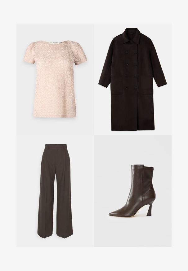 Sötétbarna, hosszú gyapjúszövet kabát dupla gombos záródással, széles gallérral, hosszú ujjaival és két nagy elülső zsebbel.; Rövid ujjú, világos rózsaszín felső, texturált mintával, kerek nyakkivágással és enyhén puffos ujjal. Puha, könnyű anyagból készült.; Sötétbarna, bő szárú nadrág magas derékkal, tisztán vasalt redőkkel, sima textúrával és testhez simuló fazonnal.; Sötétbarna bőrcipő, amely a vádli közepéig ér, hegyes orral, ívelt, karcsú sarkú és sima felületű, fehér háttérrel.
