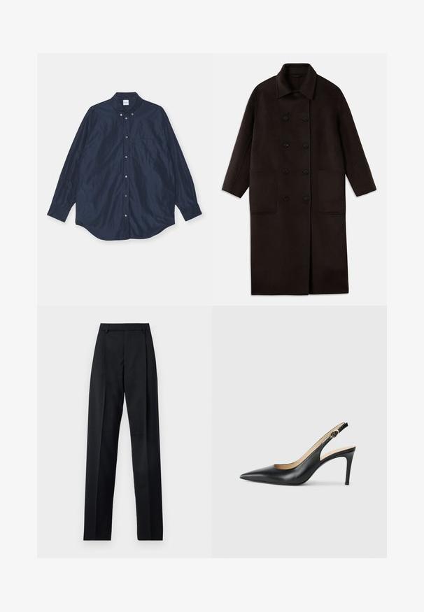 Tumma ruskea, pitkä villakangastakki, jossa on kaksiriviset napit, leveä kaulus, pitkät hihat ja kaksi suurta etutaskua.; Merenneito sininen pitkähihaisuus nappikauluspaita, satiinimaiseen tapaan, sisältää yhden rintataskun ja pyöristetyn helman. Mukana napitettava kaulus ja hihansuut.; Musta housut, jotka on valmistettu sileästä kankaasta ja joissa on korkea vyötärö, leveät lahkeet, etukaarteet ja klassiset vyölenkit. Ei näkyviä sivutaskuja.; Mustat nahkaslingback-korkokengät, joissa on terävä kärki, säädettävä hihna ja tyylikäs stiletto-korko, jotka tarjoavat sileän pinnan.