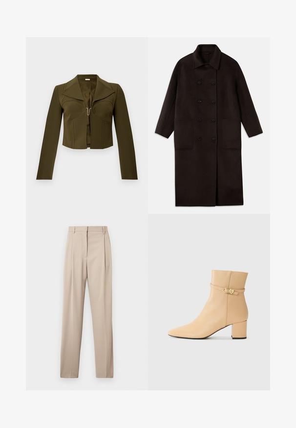 Dunkelbrauner, langer Wollmantel mit doppelreihigen Knöpfen, breitem Kragen, langen Ärmeln und zwei großen vorderen Taschen.; Olivegrüne cropped Jacke mit strukturiertem Design, scharfen Revers, langen Ärmeln und einem Hakenverschluss vorne, aus glattem Stoff gefertigt.; Beige Anzughose mit geradem Bein, vorne mit Falten und Gürtelschlaufen, aus einem glatten Stoff gefertigt.; Beige Leder Stiefelette mit spitzer Zehe, klobigem Absatz und einem dekorativen Knöchelriemen mit goldfarbigem Schnallendetail.