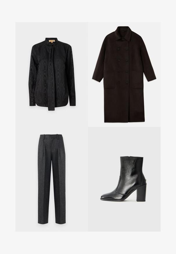 Dunkelbrauner, langer Wollmantel mit doppelreihigen Knöpfen, breitem Kragen, langen Ärmeln und zwei großen vorderen Taschen.; Schwarze Bluse aus glattem Stoff, mit einem dezenten, tonalen Muster, langen Ärmeln, einem Stehkragen und einer Schnürung am Hals.; Maßgeschneiderte Hosen aus dunkelgrauem Stoff mit hellen Nadelstreifen, im geraden Schnitt, mit Bügelfalten und glatter Textur.; Schwarze Leder-Stiefelette mit glatter Textur, spitzem Fuß und klobigem hohen Absatz. Verfügt über eine seitliche Öffnung und ein minimalistisches Design.