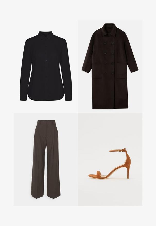 Dark brown, long wool coat with double-breasted buttons, wide collar, long sleeves, and two large front pockets.; Black long-sleeve shirt made of smooth fabric, featuring a collared neck, front button closure, and a straight hem.; Dark brown wide-leg trousers with a high waist, featuring neatly pressed creases, smooth texture, and a tailored fit.; Brown suede high-heeled sandal featuring a thin ankle strap with a gold buckle, open toe, and a sleek, minimalist design.
