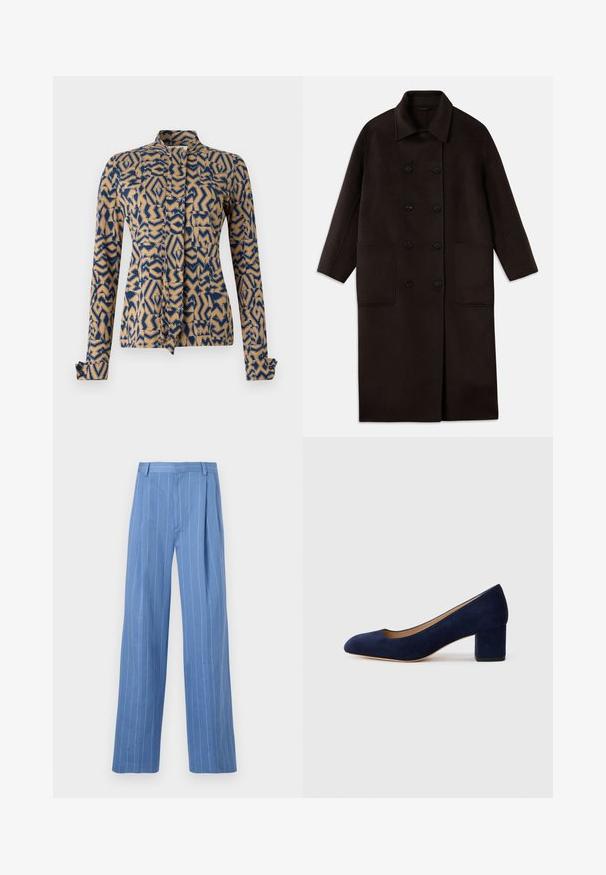 Dark brown, long wool coat with double-breasted buttons, wide collar, long sleeves, and two large front pockets.; Patterned jacket in navy blue and beige, featuring geometric designs. Long sleeves with buttoned cuffs, mandarin collar, and front tie closure.; Light blue wide-leg trousers with vertical white stripes. Made of smooth material, featuring a front pleat and a clean waistband design.; Navy blue suede pump with a pointed toe and a mid-height block heel. Smooth texture with a subtle sheen and a small cutout at the front.