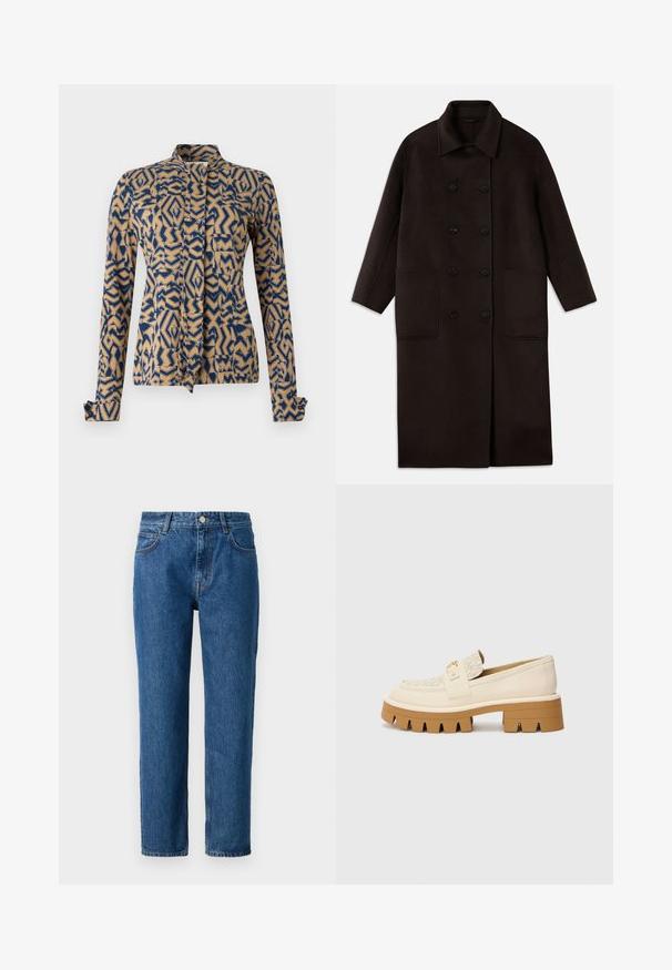 Cappotto lungo in lana marrone scuro, con bottoni doppi, ampio colletto, maniche lunghe e due grandi tasche frontali.; Giacca a motivi in blu navy e beige, caratterizzata da disegni geometrici. Maniche lunghe con polsini abbottonati, colletto alla mandarino e chiusura frontale con fiocco.; Jeans in denim blu con taglio dritto, dotati di chiusura a bottone, passanti per cintura e tasche frontali. Realizzati in tessuto di cotone texturizzato.; Mocassini beige con una cintura testurizzata color crema, caratterizzati da una suola spessa marrone con motivi a denti. Accento dorato sul dettaglio della fibbia.