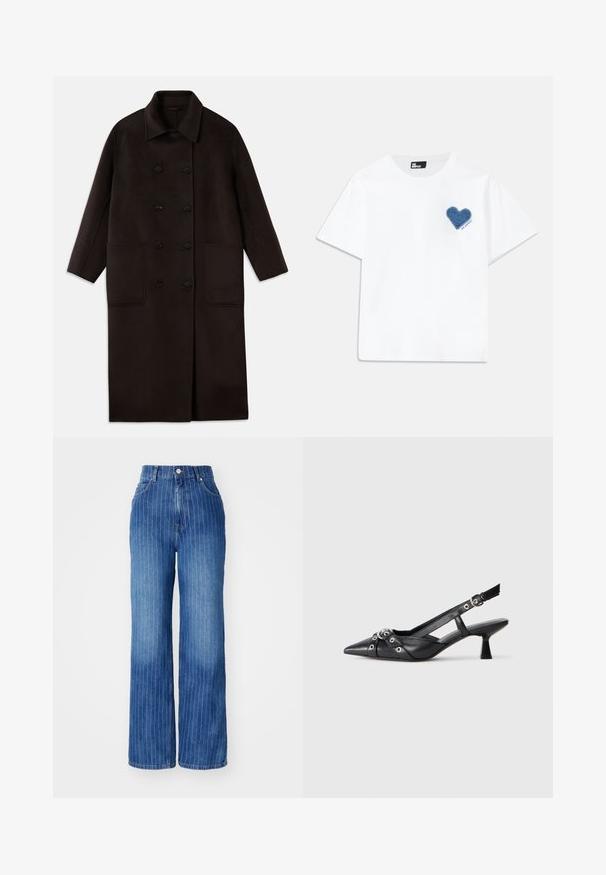 Tamno smeđi, dugi kaput od vune s dvostrukim dugmadi, širokim ovratnikom, dugim rukavima i dva velika prednja džepa.; Bijela pamučna majica kratkih rukava s okruglim izrezom. Ima plavi traper srcasti aplikaciju na lijevoj strani prsnog koša s natpisom ispod.; Plave traperice širokih nogavica s vertikalnim bijelim prugama, visokog struka, i dizajnom s pet džepova, s kopčanjem na gumb i patentni zatvarač.; Crne kožne cipele s remenom oko pete, s izduženim vrhom, dekorativnim trakama s metalnim rupama i niskom blok petom. Teksturirana površina.