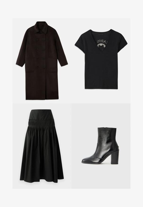 Tumši brūns, garš vilnas mētelis ar dubultām pogām, plašu apkakli, garām piedurknēm un divām lielām priekšējām kabatām.; Melnas īsām piedurknēm T-krekls ar dziļo V-veida kakla izgriezumu, ar sēklu paneļa un drukātu dizainu uz iekšējās kārtas. Mīksta, elpojoša auduma.; Melna ceļa garuma svārki, izgatavoti no gludas auduma, ar pieguļošu jostas daļu un savelkuma dizainu, kas nodrošina apjomu.; Melnas ādas potīšu zābaki ar gludu tekstūru, smailu purngalu un masīlu augstu papēdi. Iekļauts sānu atvērums un minimālistisks dizains.