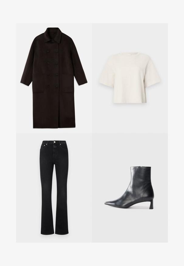 Σκούρο καφέ, μακρύ παλτό από μάλλινο ύφασμα με διπλές κουμπότρυπες, φαρδύ γιακά, μακριά μανίκια και δύο μεγάλες μπροστινές τσέπες.; Κρεμ χρώματος κοντό μπλουζάκι φτιαγμένο από ριγέ ύφασμα, με στρογγυλή λαιμόκοψη και κοντά μανίκια σε χαλαρή γραμμή.; Μαύρο φαρδύ τζιν παντελόνι από ντένιμ, με ψηλή μέση, πέντε τσέπες, χρυσές λεπτομέρειες και απαλή υφή.; Μαύρη δερμάτινη μπότες αστραγάλου με μυτερή μύτη και κομψό σχέδιο. Διαθέτει χαμηλό τακούνι και φερμουάρ στο πίσω μέρος. Λείο υφή.