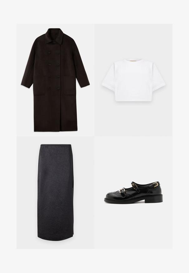 Sötétbarna, hosszú gyapjúszövet kabát dupla gombos záródással, széles gallérral, hosszú ujjaival és két nagy elülső zsebbel.; Rövid ujjú, puha anyagból készült, vágott fehér póló, kör alakú nyakkivágással és bordázott alsó résszel. Egyszerű és díszítetlen kialakítás.; Fekete midi szoknya gyűrött textúrával, egyenes szabással és oldalsó hasítékkal. Az anyag könnyűnek tűnik. A szoknya alja kissé kerekített.; Fekete bőrcipők brogue díszítéssel, két csattal, lekerekített orral és alacsony sarokkal. Simább felület fényes kivitelben.