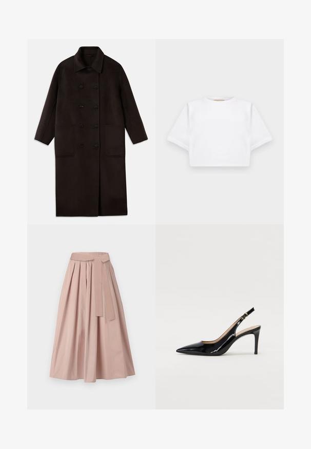 T tumedast pruunist villast pikk sulejope, millel on kahekordsed nööbid, lai krae, pikad varrukad ja kaks suurt esikot.; Lühikeste varrukatega, pehmest kangast lõigatud valge T-särk, millel on ümar kaelus ja soonikuga ääred. Lihtne ja ilma kaunistusteta disain.; Roosa midi seelik, mis on valmistatud struktuurist kangast, koos plekkide, seotud vööga ja A-silingu silueti. Sile tekstuur, ilma nähtavate mustriteta.; Must hõbedavärvi patendiga slingback kontsakingad terava varbaga, kitsas konts ja peene lõikega disain. Statistika on kuldne pandla rihmal.