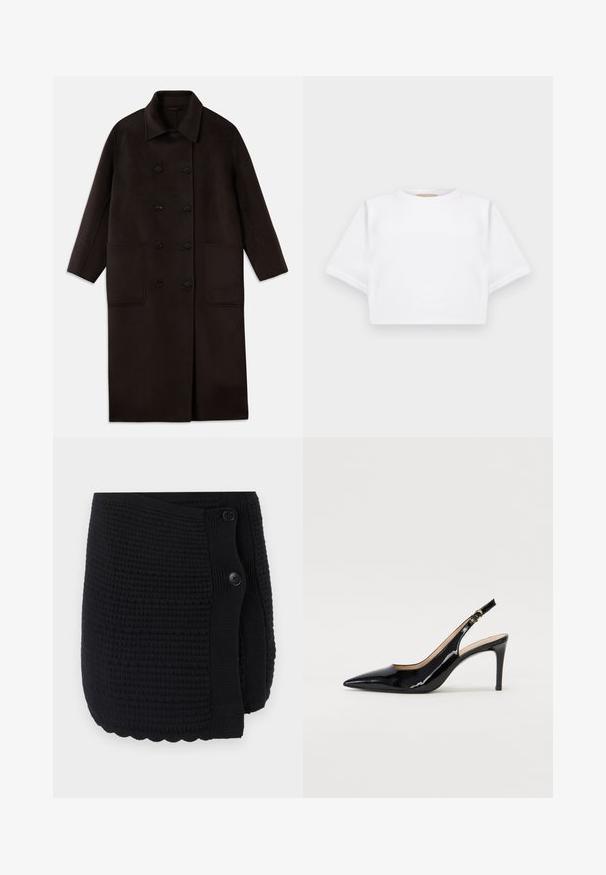 Tmavohnedý, dlhý vlnený kabát s dvojradovým zapínaním, širokým golierom, dlhými rukávmi a dvoma veľkými prednými vreckami.; Strihnuté biele tričko vyrobené z mäkkej látky, s krátkymi rukávmi, okrúhlym výstrihom a rebrovanými detailmi na lemovaní. Jednoduchý a nezdobený dizajn.; Čierny pletený šál s textúrovaným vzorom, volánovým lemom a dvoma veľkými gombíkmi na zapínanie. Mäkký materiál s útulným dizajnom.; Čierne lakované kožené slingback lodičky s špicatou špičkou, štíhlým podpätkom a jemným výrezom. Obsahuje zlatú pracku na remienku.