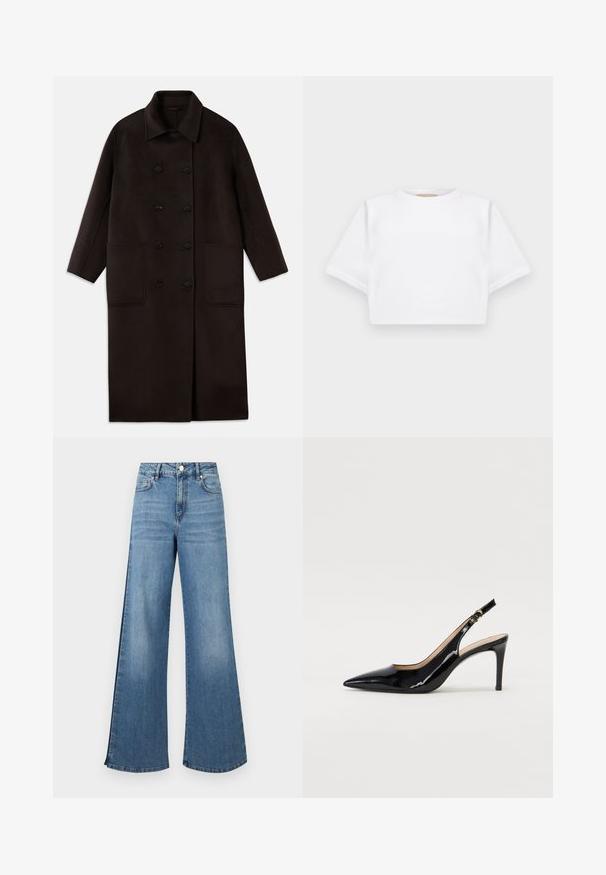 Tumši brūns, garš vilnas mētelis ar dubultām pogām, plašu apkakli, garām piedurknēm un divām lielām priekšējām kabatām.; Izgriezta balta T-krekla no mīksta auduma, ar īsām piedurknēm, apaļu apkakli un ribota apakšmala. Vienkāršs un neizpušķots dizains.; Platas kājas zilas džinsa bikses ar nodilušu apdari, piedāvā klasisku piecu kabatu dizainu un metāla pogu aizdari jostasvietā.; Melnas lakotās ādas slingback kurpes ar izteiktu degunu, šauru papēdi un smalku izgriezumu dizainu. Siksniņai ir zelta sprādze.