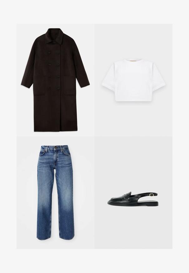 Dark brown, long wool coat with double-breasted buttons, wide collar, long sleeves, and two large front pockets.; Cropped white t-shirt made of soft fabric, featuring short sleeves, a round neckline, and ribbed hem details. Simple and unembellished design.; Light blue jeans with a relaxed fit, featuring a high waist, straight legs, and subtle fading. Made of denim with visible stitching and hardware.; Black leather slingback shoe with a rounded toe, flat sole, side cutout, and strap featuring a gold-tone hardware detail.