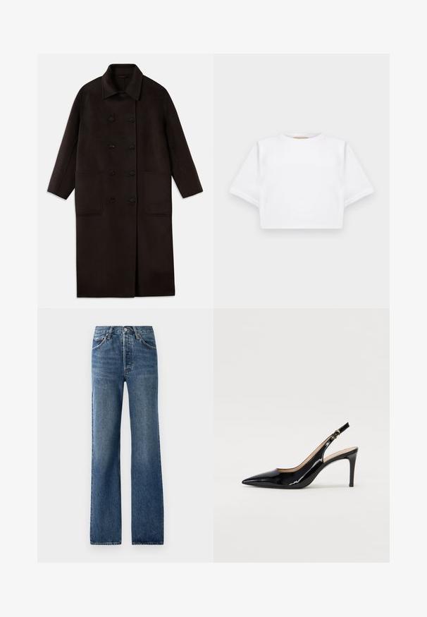 Tumma ruskea, pitkä villakangastakki, jossa on kaksiriviset napit, leveä kaulus, pitkät hihat ja kaksi suurta etutaskua.; Lyhythihainen valkoinen t-paita pehmeää kangasta, jossa on pyöreä pääntie ja ribbireunat. Yksinkertainen ja ilman koristeita oleva malli.; Siniset farkut suoran lahkeen muotoilulla, joissa on viisi taskua, nappisuljenta ja kevyitä kulumisia sekä hienovaraisia kulumajälkiä.; Musta lakattu nahkainen slingback-korkokenkä, jossa on terävä kärki, kapea korko ja hillitty leikkaussuunnittelu. Varressa on kultainen solki.