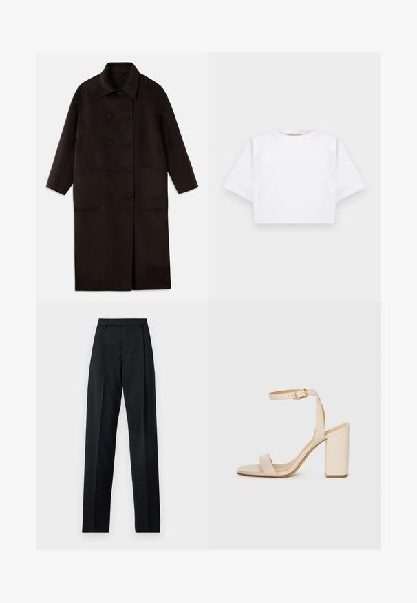 Casaco de lã longo, castanho escuro, com botões duplos, colarinho largo, mangas longas e dois grandes bolsos frontais.; T-shirt branca corta, feita de tecido macio, apresentando mangas curtas, um decote redondo e detalhes de bainha canelada. Design simples e despretensioso.; Calças pretas feitas de um tecido suave, com uma cintura alta, pernas largas, pregas frontais e passadores de cinto clássicos. Não há bolsos laterais visíveis.; Sandalha de salto alto bege com bico quadrado, tira fina no tornozelo e salto bloco. Textura de couro suave com detalhe de fivela dourada.