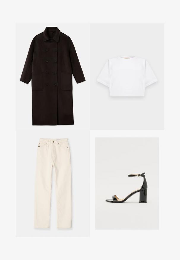 Tmavě hnědý dlouhý vlněný kabát s dvojitým zapínáním na knoflíky, širokým límcem, dlouhými rukávy a dvěma velkými předními kapsami.; Zkrácené bílé tričko vyrobené z měkké látky, má krátké rukávy, kulatý výstřih a žebrované detaily na lemech. Jednoduchý a nezdobený design.; Bílé džínové kalhoty se rovný střih, pěti kapsami a viditelným prošíváním. Mají zapínání na knoflík a zip, s detaily značkového štítku.; Černé lakované sandály s širokým podpatkem, otevřenou špičkou a řemínkem kolem kotníku se zlatou sponou. Hladký povrch a elegantní design.