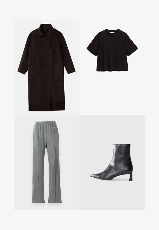 Dark brown, long wool coat with double-breasted buttons, wide collar, long sleeves, and two large front pockets.; Black cotton crop t-shirt with a round neckline and short sleeves. Features a relaxed fit and simple, unembellished design.; Gray sweatpants with an elastic waistband, featuring a straight-leg cut and subtle side seam details. Made from soft, textured fabric.; Black leather ankle boot with a pointed toe and a sleek design. Features a low heel and a zipper closure at the back. Smooth texture.