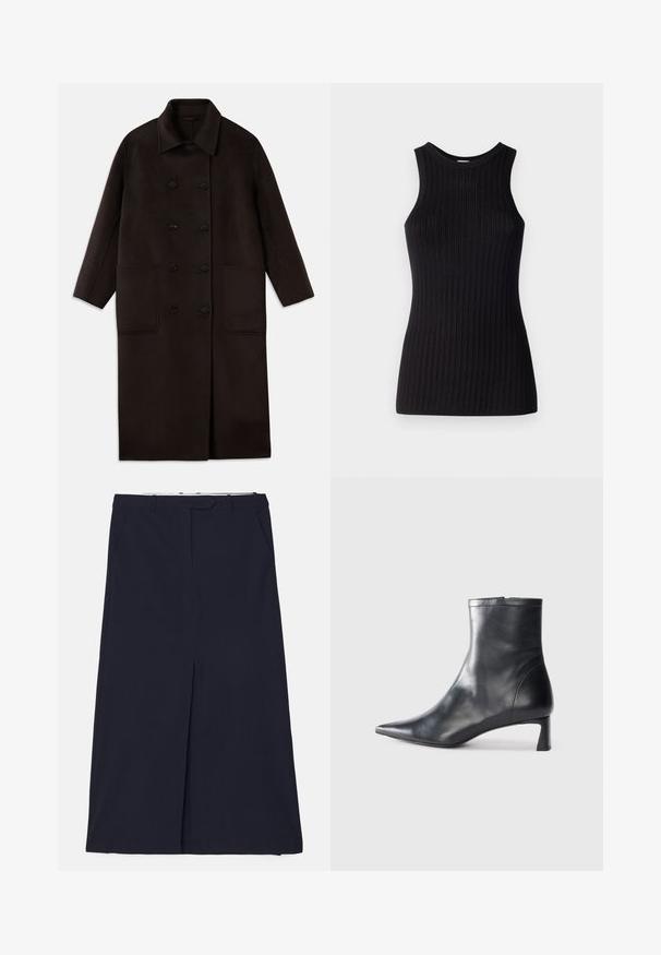 Tamno smeđi, dugi kaput od vune s dvostrukim dugmadi, širokim ovratnikom, dugim rukavima i dva velika prednja džepa.; Crna majica bez rukava s rebrastom teksturom, okruglim izrezom, prilagođenim oblikom i glatkom završnom obradom. Lagana pletenina.; DESIGNERS REMIX SCOTT LONG SKIRT - Velika suknja - navy; Crne kožne gležnjače s uskim vrhom i elegantnim dizajnom. Imaju niski potpetak i zatvaranje na patentni zatvarač straga. Glatka tekstura.