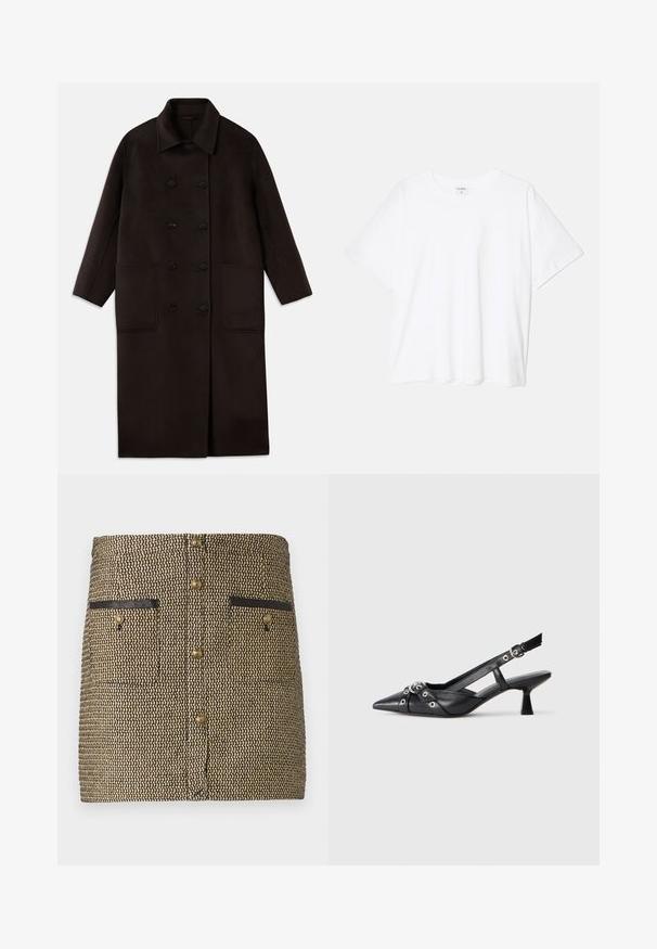 Manteau long en laine marron foncé, à double boutonnage, avec un large col, des manches longues et deux grandes poches avant.; T-shirt en coton blanc avec des manches courtes, un col rond, une coupe décontractée et un ourlet cousu. Étiquette visible à l'intérieur du col.; Jupe en tissu avec un motif noir et or, deux poches avant avec des accents noirs et des boutons dorés au centre.; Chaussure slingback en cuir noir avec un bout pointu, des sangles décoratives avec œillets en métal et un petit talon carré. Surface texturée.
