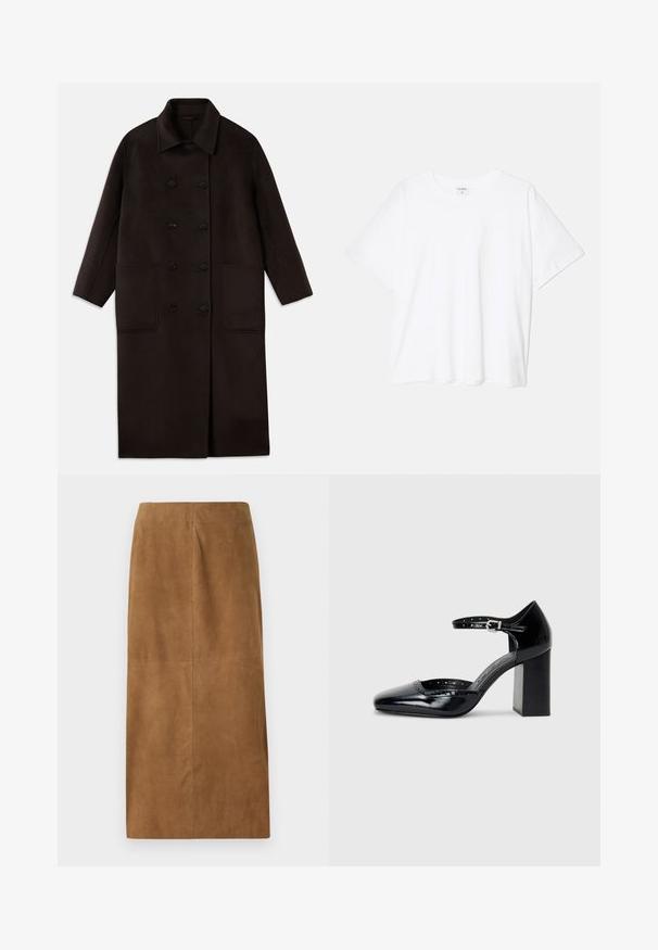 Tmavohnedý, dlhý vlnený kabát s dvojradovým zapínaním, širokým golierom, dlhými rukávmi a dvoma veľkými prednými vreckami.; Biely bavlnený tričko s krátkymi rukávmi, okrúhlym výstrihom, voľným strihom a prešitým lemom. Štítok viditeľný na vnútornom krku.; Hnedá semišová midi sukňa so stretnutými strihom, hladkou textúrou a čistými švami. Nemá viditeľné zapínanie ani ďalšie akcenty.; Čierne lakované dámske topánky na vysokom opätku so štvorcovou špičkou, remienkom okolo členku a masívnym opätkom. Obsahuje perforované detaily pozdĺž lemu.