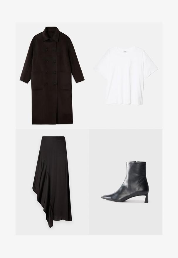 Σκούρο καφέ, μακρύ παλτό από μάλλινο ύφασμα με διπλές κουμπότρυπες, φαρδύ γιακά, μακριά μανίκια και δύο μεγάλες μπροστινές τσέπες.; Λευκό βαμβακερό μπλουζάκι με κοντά μανίκια, στρογγυλή λαιμόκοψή, χαλαρή εφαρμογή και ραμμένο στρίφωμα. Ετικέτα ορατή στο εσωτερικό του λαιμού.; AERON ASTER SKIRT - Pencil φούστα - black; Μαύρη δερμάτινη μπότες αστραγάλου με μυτερή μύτη και κομψό σχέδιο. Διαθέτει χαμηλό τακούνι και φερμουάρ στο πίσω μέρος. Λείο υφή.