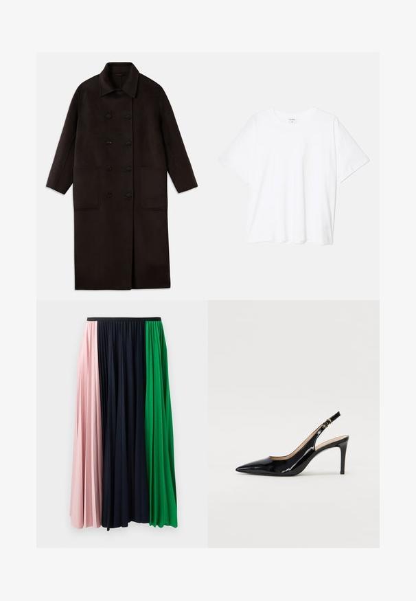 Donkerbruin, lange wollen jas met dubbelrijgsluiting, brede kraag, lange mouwen en twee grote voorzakken.; Witte katoenen t-shirt met korte mouwen, ronde halslijn, comfortabele pasvorm en gestikte zoom. Etiket zichtbaar aan de binnenzijde van de hals.; Plisserende rok met panelen in roze, marineblauw en groen. Gemaakt van zachte stof met een elastische tailleband voor een comfortabele pasvorm.; Zwarte gepatineerde leren slingback pump met een puntige neus, slanke hak en een subtiel uitgesneden ontwerp. Bevat een gouden gesp op de band.
