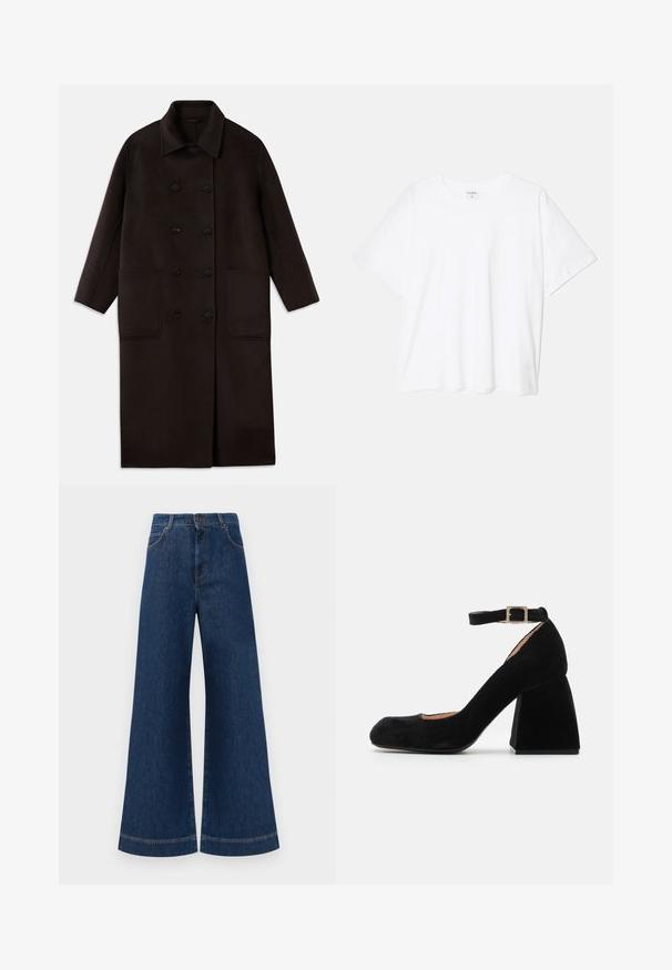 Tamsiai rudas, ilgas vilnonis paltas su dvigubais mygtukais, plačiu apykakle, ilgomis rankovėmis ir dviem didelėmis priekinėmis kišenėmis.; Balta medvilnės marškinėliai trumpomis rankovėmis, apvalia iškirpte, laisvo kirpimo ir su siūtu kraštu. Etiketė matoma vidinėje iškirptės pusėje.; Plati mėlynos džinsinės kelnės su aukštu liemeniu, turinčios mygtukų užsegimą, diržo kilpas ir subtilius siuvinėjimo akcentus ant kišenių bei apdailos.; Juodas zomšinis batai su blokiniu kulniuku ir kulkšnies dirželiu, kuriame yra kvadratinis metalinis sagtys. Suapvalinti pirštai ir tekstūruotas paviršius.