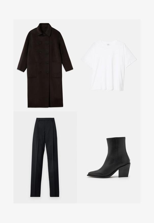 Ciemnobrązowy, długi wełniany płaszcz z podwójnymi guzikami, szerokim kołnierzem, długimi rękawami i dwiema dużymi kieszeniami z przodu.; Biała bawełniana koszulka z krótkim rękawem, okrągłym dekoltem, luźnym krojem i przeszytym brzegiem. Metka widoczna wewnątrz dekoltu.; Czarne spodnie wykonane z gładkiego materiału, z wysokim stanem, szerokimi nogawkami, fałdami z przodu i klasycznymi szlufkami na pasek. Brak widocznych kieszeni bocznych.; Czarne skórzane botki za kostkę z ostrym noskiem, na blokowym obcasie i subtelnymi detalami po bokach. Gładka tekstura z minimalistycznym designem.