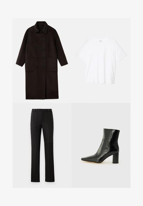 Dunkelbrauner, langer Wollmantel mit doppelreihigen Knöpfen, breitem Kragen, langen Ärmeln und zwei großen vorderen Taschen.; Weißes Baumwoll-T-Shirt mit kurzen Ärmeln, runder Halslinie, lockerer Passform und genähtem Saum. Etikett sichtbar am inneren Kragen.; Schwarze maßgeschneiderte Hose mit geradem Bein, zwei vorderen Taschen, einem Knopfverschluss und unteren Falten vorne. Glatte Stofftextur.; Schwarze Knöchelstiefelette aus glänzendem Leder mit spitzem Zeh und klobigem, quadratischem Absatz. Verfügt über eine glatte Textur und ein minimalistisches Design.