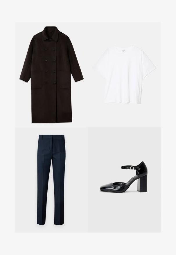 Mörkbrun, långullkappa med dubbelknäppning, bred krage, långa ärmar och två stora framfickor.; Vit bomull t-shirt med kort ärm, rund halsringning, avslappnad passform och söm i nederkant. Etikett synlig på insidan av halsen.; Marina klädd byxor gjorda av ett slätt tyg, med rak benstil, platt framsida och utan synliga fickor eller dekorationer.; Svarta lackläders högklackade skor med fyrkantig tå, ankelrem och kraftig klack. Inkluderar perforerad detaljering längs kanten.