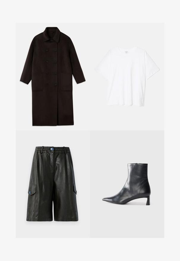 Tumši brūns, garš vilnas mētelis ar dubultām pogām, plašu apkakli, garām piedurknēm un divām lielām priekšējām kabatām.; Balta kokvilnas T-krekls ar īsām piedurknēm, apaļu dekoltē, brīva piegriezuma un šūtu apakšmalu. Etiķete redzama iekšējā kakla daļā.; Melnas ādas kravas šortos ar elastīgu jostu, ar divām sānu kabatām, priekšējo rāvējslēdzēju un zilu pogu akcentu.; Melnas ādas potītes zābaki ar norādītu pirkstu un elegantu dizainu. Iezīmē zemu papēdi un rāvējslēdzēja aizdari aizmugurē. Gluda tekstūra.