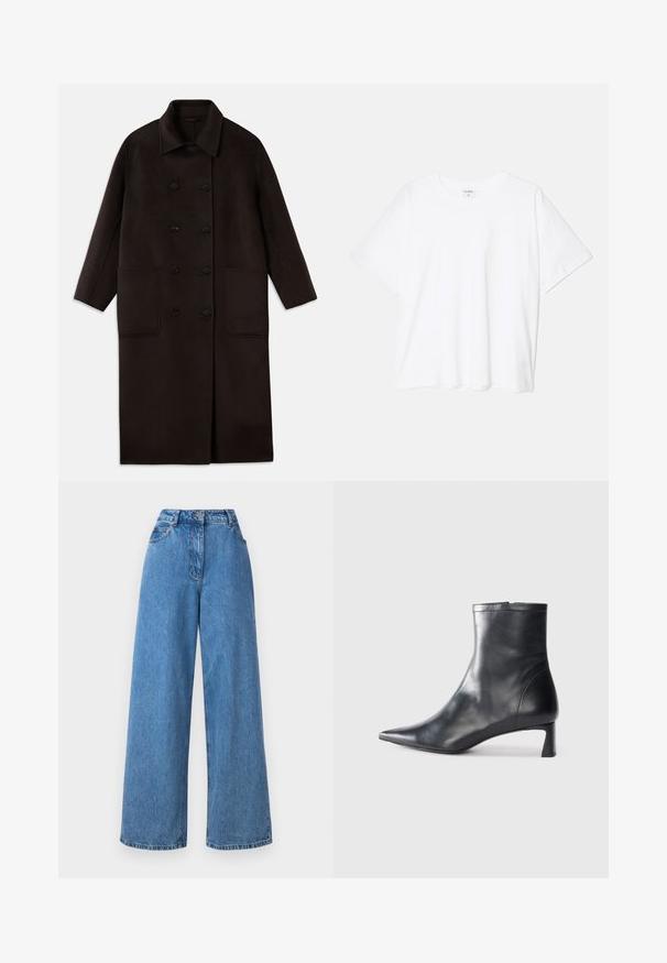 Tumši brūns, garš vilnas mētelis ar dubultām pogām, plašu apkakli, garām piedurknēm un divām lielām priekšējām kabatām.; Balta kokvilnas T-krekls ar īsām piedurknēm, apaļu dekoltē, brīva piegriezuma un šūtu apakšmalu. Etiķete redzama iekšējā kakla daļā.; Gaiši zili platās kājas džinsi, izgatavoti no denima, ar augstu jostasvietu, piecu kabatu dizainu un metāla pogu aizdari priekšpusē.; Melnas ādas potītes zābaki ar norādītu pirkstu un elegantu dizainu. Iezīmē zemu papēdi un rāvējslēdzēja aizdari aizmugurē. Gluda tekstūra.