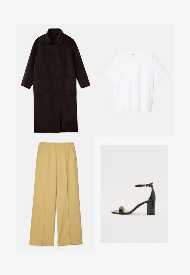 Tamsiai rudas, ilgas vilnonis paltas su dvigubais mygtukais, plačiu apykakle, ilgomis rankovėmis ir dviem didelėmis priekinėmis kišenėmis.; Balta medvilnės marškinėliai trumpomis rankovėmis, apvalia iškirpte, laisvo kirpimo ir su siūtu kraštu. Etiketė matoma vidinėje iškirptės pusėje.; Plati kelnės iš garstyčių geltonos spalvos audinio, su priekinių kišenių ir sklandžiu paviršiumi, turi švarų, pritaikytą dizainą.; Juodas lakinės odos sandalai su plačiu kulnu, atvira koja ir kulkšnies juostele, turinčia auksinę sagtį. Lygi tekstūra ir elegantiškas dizainas.