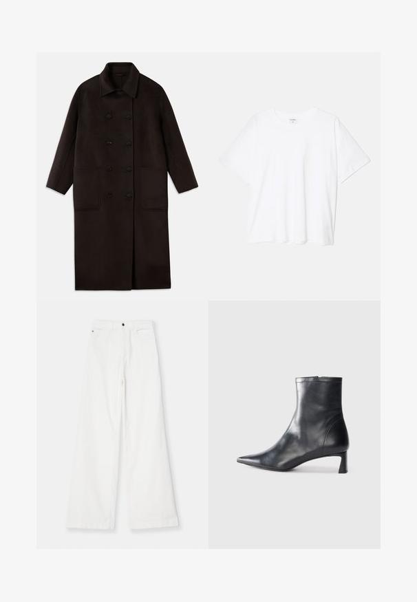 Palton lung, din lână, de culoare maro închis, cu nasturi dubli, guler larg, mâneci lungi și două buzunare mari în față.; Tricou alb din bumbac, cu mâneci scurte, guler rotund, croi lejer și tiv cusut. Eticheta este vizibilă pe interiorul gulerului.; Emporio Armani 5 TASCHE - Pantaloni - bianco caldo; Cizmă de gleznă din piele neagră cu vârf ascuțit și un design elegant. Dispune de un toc mic și de o închidere cu fermoar la spate. Textură netedă.