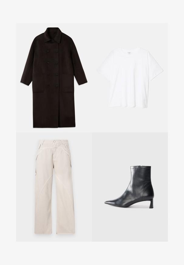 T tumedast pruunist villast pikk sulejope, millel on kahekordsed nööbid, lai krae, pikad varrukad ja kaks suurt esikot.; Valge puuvillane T-särk lühikeste varrukatega, ümmargune kaelus, mugav lõige ja õmmeldud serv. Silt nähtav kaela seest.; Beežid laiad püksid, mis on valmistatud puuvilla segumaterjalist. Omavad kumerate õmbluste detaile, nööpkinnitust ja külgjopesid. Lame eesmine disain.; Mustad mustall nahkasaabas terava nina ja stiilse disainiga. Omab madalat konts ja luku sulgemist taga. Sile tekstuur.