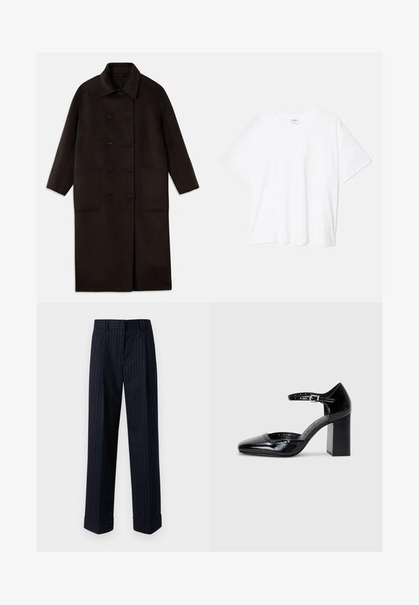 Dark brown, long wool coat with double-breasted buttons, wide collar, long sleeves, and two large front pockets.; White cotton t-shirt with short sleeves, round neckline, relaxed fit, and stitched hem. Label visible on the inside neck.; Navy blue wide-leg pants feature a pinstripe pattern in gold, crafted from a smooth fabric, with cuffed hems and front pockets.; Black patent leather high-heeled shoes with a square toe, ankle strap, and a chunky heel. Includes perforated detailing along the rim.