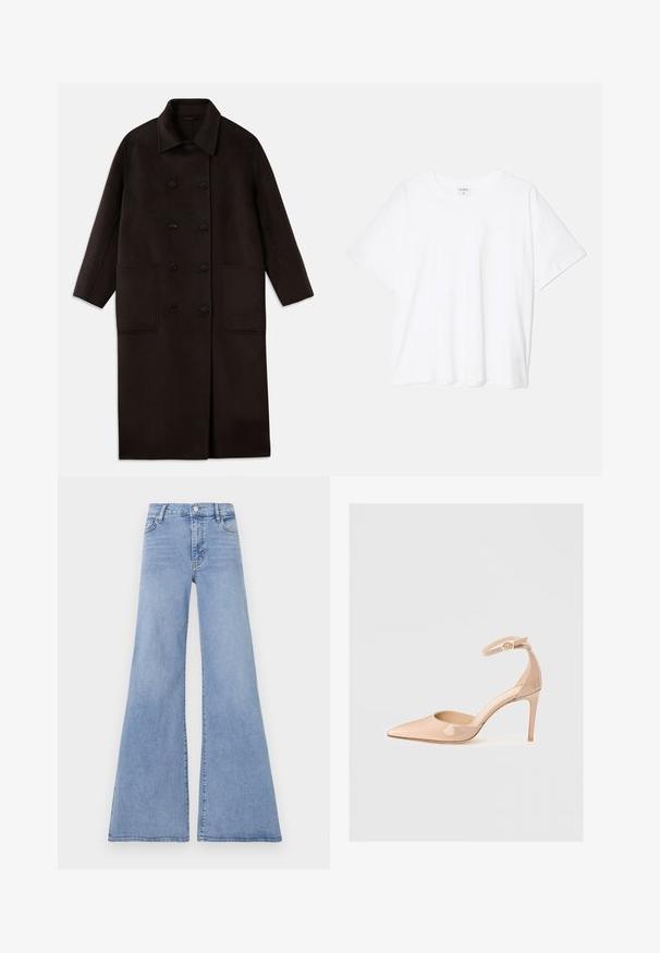 Tmavě hnědý dlouhý vlněný kabát s dvojitým zapínáním na knoflíky, širokým límcem, dlouhými rukávy a dvěma velkými předními kapsami.; Bílý bavlněný tričko s krátkým rukávem, kulatým výstřihem, volným střihem a šitým lemem. Nálepka viditelná na vnitřní straně výstřihu.; Světle modré zvonové džíny vyrobené z denimu, s vysokým pasem, pěti kapsami a diskrétními švy podél švů.; Nude lakovaná botička s špičatou špičkou, kotníkovým páskem a stiletto podpatkem, která se vyznačuje hladkým povrchem a minimalistickým designem.