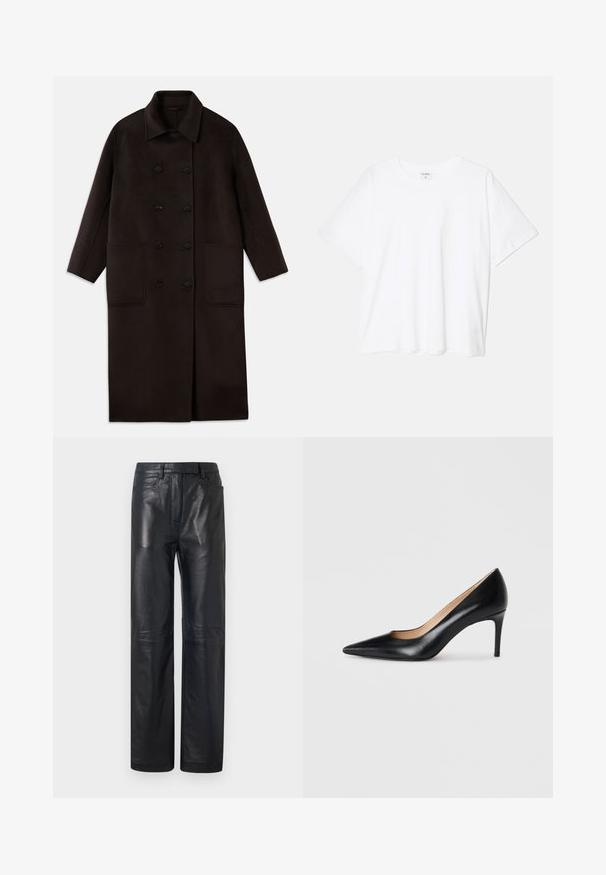 Mörkbrun, långullkappa med dubbelknäppning, bred krage, långa ärmar och två stora framfickor.; Vit bomull t-shirt med kort ärm, rund halsringning, avslappnad passform och söm i nederkant. Etikett synlig på insidan av halsen.; Svarta läderbyxor med rak passform, som har en slät yta och klassisk fem-fickorsdesign. Ingen synlig hårdvara eller accenter.; Svart läder högklackad pumpsko med spetsig tå, smidig silhuett och slät yta. Har en tunn klack och en låg skärning på sidorna.