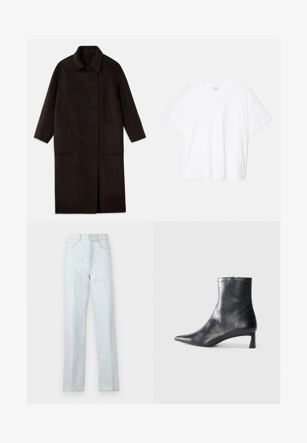 Casaco de lã longo, castanho escuro, com botões duplos, colarinho largo, mangas longas e dois grandes bolsos frontais.; T-shirt de algodão branco com mangas curtas, decote redondo, corte descontraído e bainha cosida. Etiqueta visível no interior do pescoço.; Calças de ganga largas de tom azul claro com cintura alta, apresentando um fecho de correr frontal, fecho de botão e o clássico design de cinco bolsos.; Bota de tornozelo em pele preta com biqueira apontada e um design elegante. Apresenta um salto baixo e um fecho com zipper na parte de trás. Textura suave.