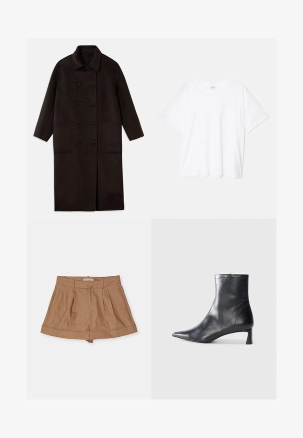 Dunkelbrauner, langer Wollmantel mit doppelreihigen Knöpfen, breitem Kragen, langen Ärmeln und zwei großen vorderen Taschen.; Weißes Baumwoll-T-Shirt mit kurzen Ärmeln, runder Halslinie, lockerer Passform und genähtem Saum. Etikett sichtbar am inneren Kragen.; Hellbraune Leinen-Shorts mit einem gefalteten Design, breitem Bund und aufgerollten Cuffs, vor einem weißen Hintergrund präsentiert.; Schwarze Lederstiefelette mit spitzer Zehe und schlankem Design. Verfügt über einen niedrigen Absatz und einen Reißverschluss hinten. Glatte Textur.