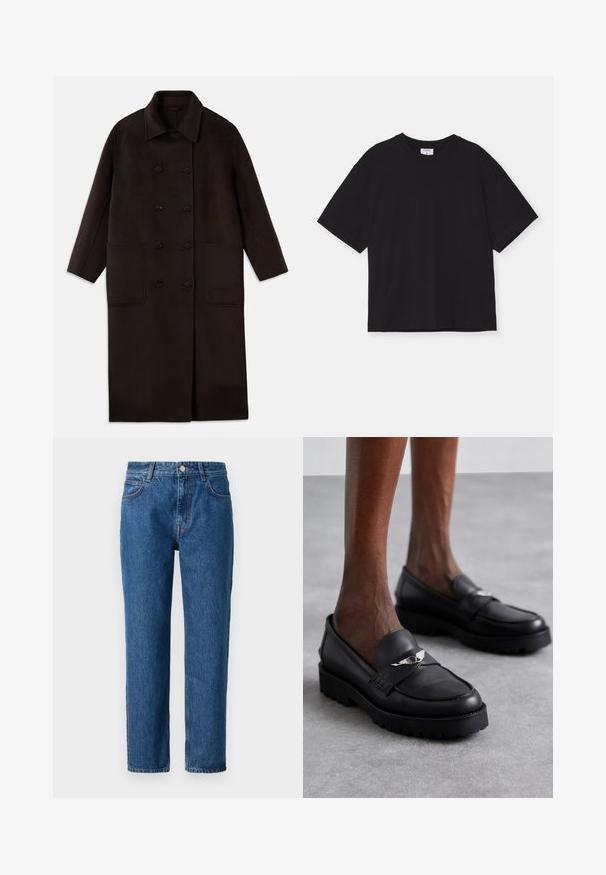 Dark brown, long wool coat with double-breasted buttons, wide collar, long sleeves, and two large front pockets.; Black short-sleeved t-shirt made of cotton. It features a relaxed fit, round neckline, and no visible patterns or embellishments.; Blue denim jeans with a straight-leg cut, featuring a button closure, belt loops, and front pockets. Made from textured cotton fabric.; Black leather loafers with a rounded toe, featuring a silver accent on the strap and a thick, textured sole for added grip.