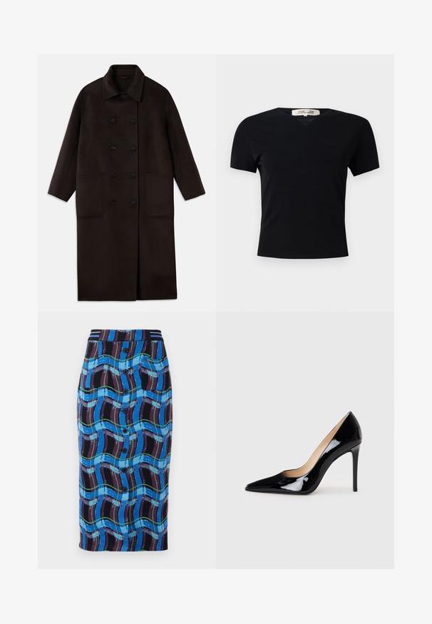 Temno rjav, dolg volnen plašč z dvojnimi gumbi, širokim ovratnikom, dolgimi rokavi in dvema velikima sprednjima žepoma.; Črna kratka majica s kratkimi rokavi in V-izrezom, izdelana iz gladkega, raztegljivega materiala. Ima preprost, klasičen kroj brez okrasnih elementov.; Krilo do kolen v modri barvi z večbarvnim valovitim vzorcem, opremljeno s črnim pasom, sprednjimi gumbi in dvema stranskima žepek.; Črne patent usnjene visoke pete s koničastim dizajnom in elegantno silhueto. Imajo gladko, sijočo površino in ozko stiletto peto.