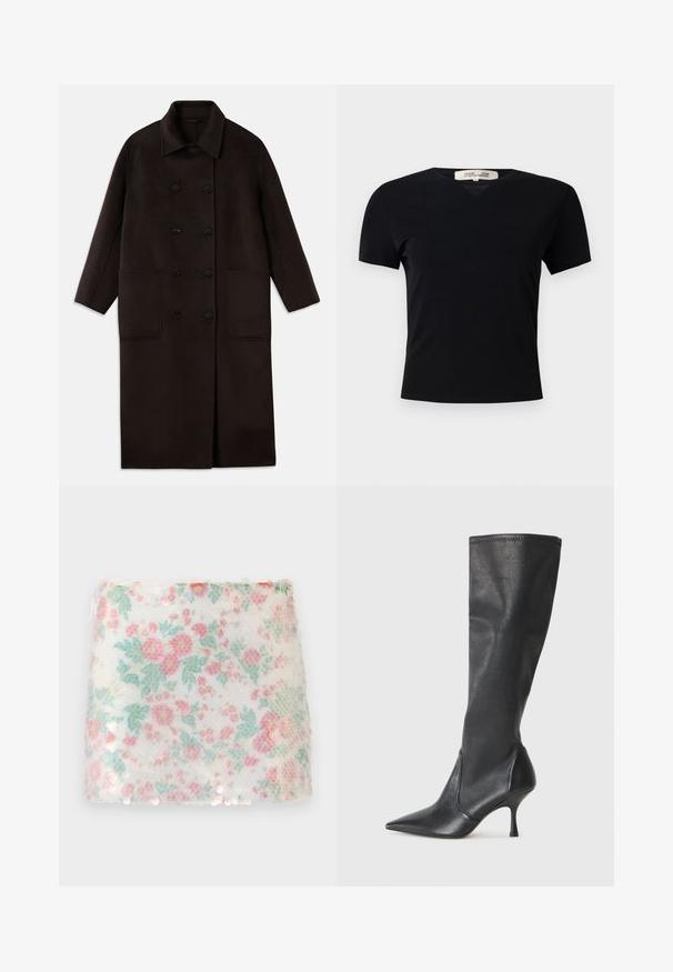 Sötétbarna, hosszú gyapjúszövet kabát dupla gombos záródással, széles gallérral, hosszú ujjaival és két nagy elülső zsebbel.; Fekete, rövid ujjú póló V-nyakkivágással, sima, rugalmas anyagból készült. Egyszerű, klasszikus fazonnal rendelkezik, díszítések nélkül.; Virágmintás fehér textile, pasztell rózsaszín és zöld virágokkal, texturált felülettel, amelyen diszkrét flitterek találhatók az alsó szélen.; Térd fölötti fekete bőr csizmák hegyes orral és karcsú stiletto sarkal. Simább textúrájúak, jól illeszkedő kialakítással és varrással a tetején.