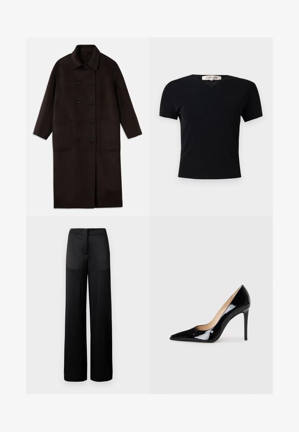 T tumedast pruunist villast pikk sulejope, millel on kahekordsed nööbid, lai krae, pikad varrukad ja kaks suurt esikot.; Must t-särk lühikeste varrukatega ja V-kaelusega, valmistatud siledast ja venivast kangast. Omab lihtsat ja klassikalist siluetti, millel puuduvad kaunistused.; Laiad mustad püksid tekstureeritud pinnaga, millel on lame vöökoht ja kaks kül pocketit. Kangas näib kergena ja voolavana.; Must matte musta kõrge kontsaga king, millel on terav varvas ja sujuv siluett. Omab sileda, läikivat viimistlust ja sale stiletto konts.