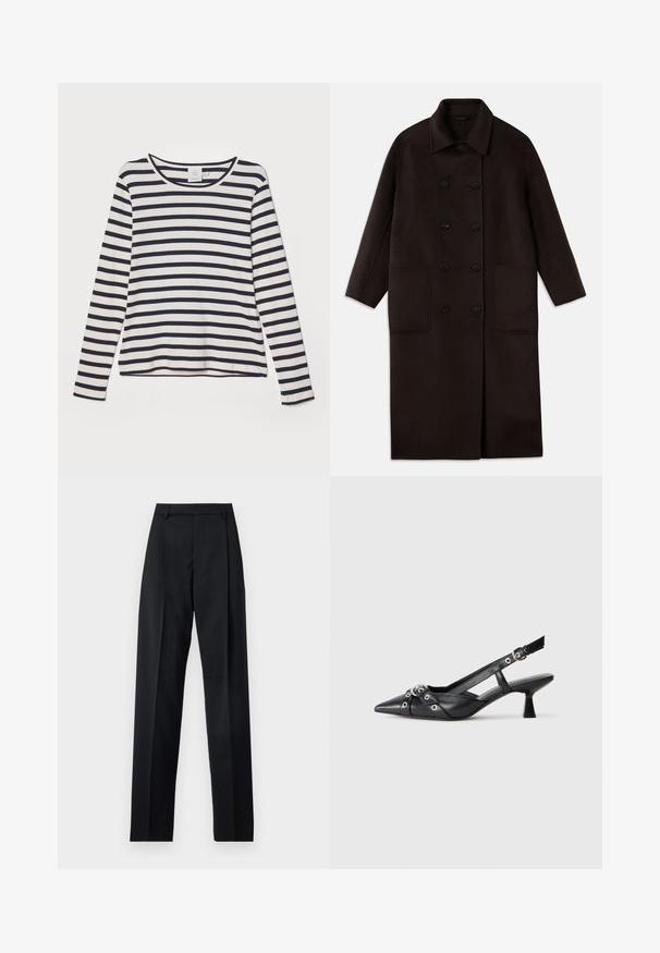 Tmavohnedý, dlhý vlnený kabát s dvojradovým zapínaním, širokým golierom, dlhými rukávmi a dvoma veľkými prednými vreckami.; Dlhý rukáv košele v krémovej farbe s námořníckymi horizontálnymi pruhmi, s okrúhlym výstrihom, ryhovanou textúrou a voľným strihom.; Čierne nohavice vyrobené z hladkej látky s vysokým pásom, širokými nohavicami, prednými záhybmi a klasickými pútkami na opasok. Žiadne bočné vrecká nie sú viditeľné.; Čierne kožené slingback topánky s špicatou špičkou, ozdobnými popruhmi s kovovými očkami a nízkym blokovým podpätkom. Textúrovaný povrch.