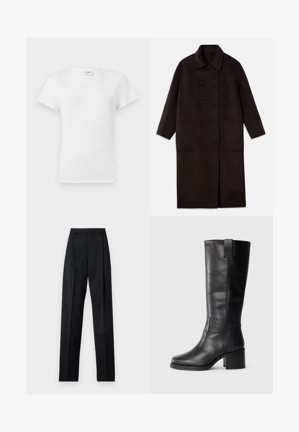 Donkerbruin, lange wollen jas met dubbelrijgsluiting, brede kraag, lange mouwen en twee grote voorzakken.; Witte katoenen t-shirt met ronde hals en korte mouwen, met een relaxed fit en een minimalistisch ontwerp. Etiket zichtbaar aan de hals.; Zwarte broek gemaakt van gladde stof met een hoge taille, wijde benen, voorplooien en klassieke ceintuurlussen. Geen zijzakken zichtbaar.; Zwarte leren kniehoge laarzen met een gladde textuur, vierkante neus, blokhak en zijhandvat, met minimale stikseldetails.