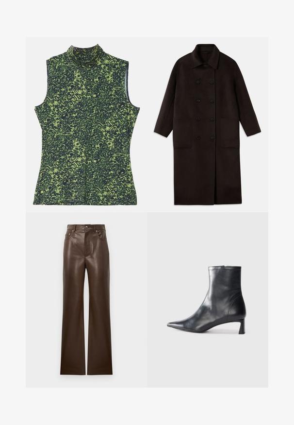 T tumedast pruunist villast pikk sulejope, millel on kahekordsed nööbid, lai krae, pikad varrukad ja kaks suurt esikot.; Roheline ja tume sinine muster, ilma varrukateta kõrge kaelusega top, millel on tekstuuriline, orgaaniline disain. Pehme kangas ja mugav lõige.; Pruunist nahast laiad püksid sujuva tekstuuriga, viie-tasku kujundusega, eesne zipp ja metallist nupu kinnitusega, esitades kõrge vöökoht.; Mustad mustall nahkasaabas terava nina ja stiilse disainiga. Omab madalat konts ja luku sulgemist taga. Sile tekstuur.