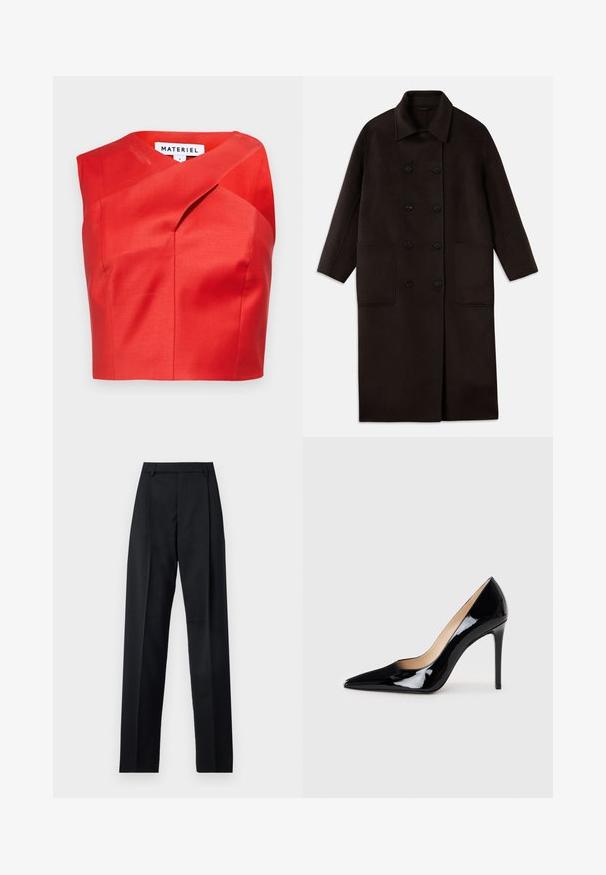 Tmavě hnědý dlouhý vlněný kabát s dvojitým zapínáním na knoflíky, širokým límcem, dlouhými rukávy a dvěma velkými předními kapsami.; Červený zkrácený top s jedinečným asymetrickým výstřihem, vyrobený z hladké tkaniny. Obsahuje jemné plisování a žádné viditelné zapínání.; Černé kalhoty vyrobené z hladké tkaniny, vybavené vysokým pasem, širokými nohavicemi, předními záhyby a klasickými poutky na opasek. Nejsou viditelné boční kapsy.; Černý lakovaný kožený lodičkový bot s špičatou špičkou a elegantním siluetou. Má hladký, lesklý povrch a štíhlý jehlový podpatek.