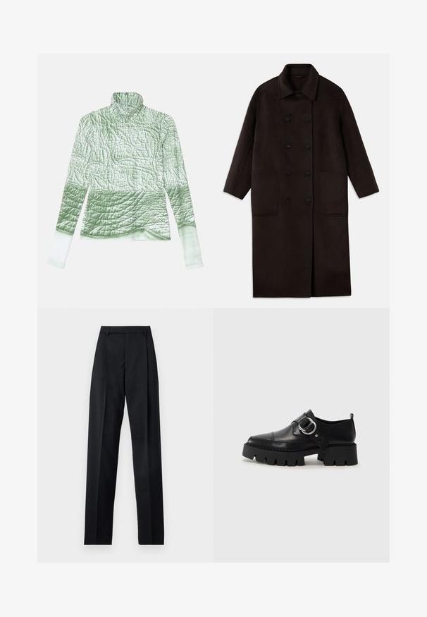 Temno rjav, dolg volnen plašč z dvojnimi gumbi, širokim ovratnikom, dolgimi rokavi in dvema velikima sprednjima žepoma.; Quiltana dolga majica s taktiranim ovratnikom v svetlo zeleni barvi z teksturirano površino in prehodom v enotno belo na manšetah.; Črne hlače iz gladkega materiala, ki imajo visok pas, široke noge, sprednje nabore in klasične zanke za pas. Nevidni stranski žepi.; Črne usnjene čevlje z debelim, rebrastim podplatom, ki imajo okroglo srebrno kovinsko dodatno opremo in minimalne šive.