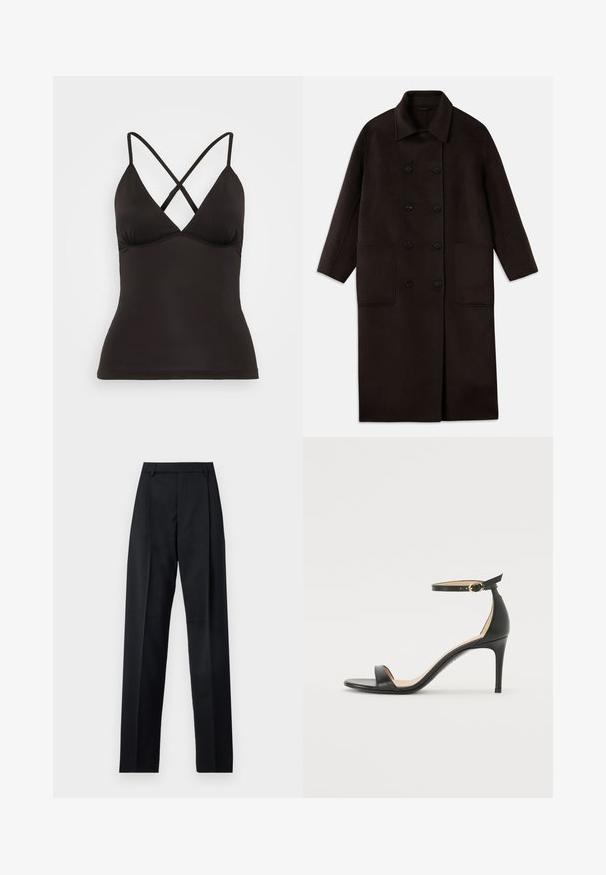 Cappotto lungo in lana marrone scuro, con bottoni doppi, ampio colletto, maniche lunghe e due grandi tasche frontali.; Camisola nera con spalline incrociate regolabili, caratterizzata da una profonda scollatura a V e una silhouette aderente. Realizzata in tessuto morbido ed elastico.; Pantaloni neri realizzati in tessuto morbido, caratterizzati da vita alta, gambe larghe, pince frontali e classiche passanti per cintura. Non ci sono tasche laterali visibili.; Sandal in pelle nera con tacco alto e cinturino alla caviglia. Caratteristiche: texture liscia, punta aperta e tacco sottile. Dettaglio con fibbia tono oro.